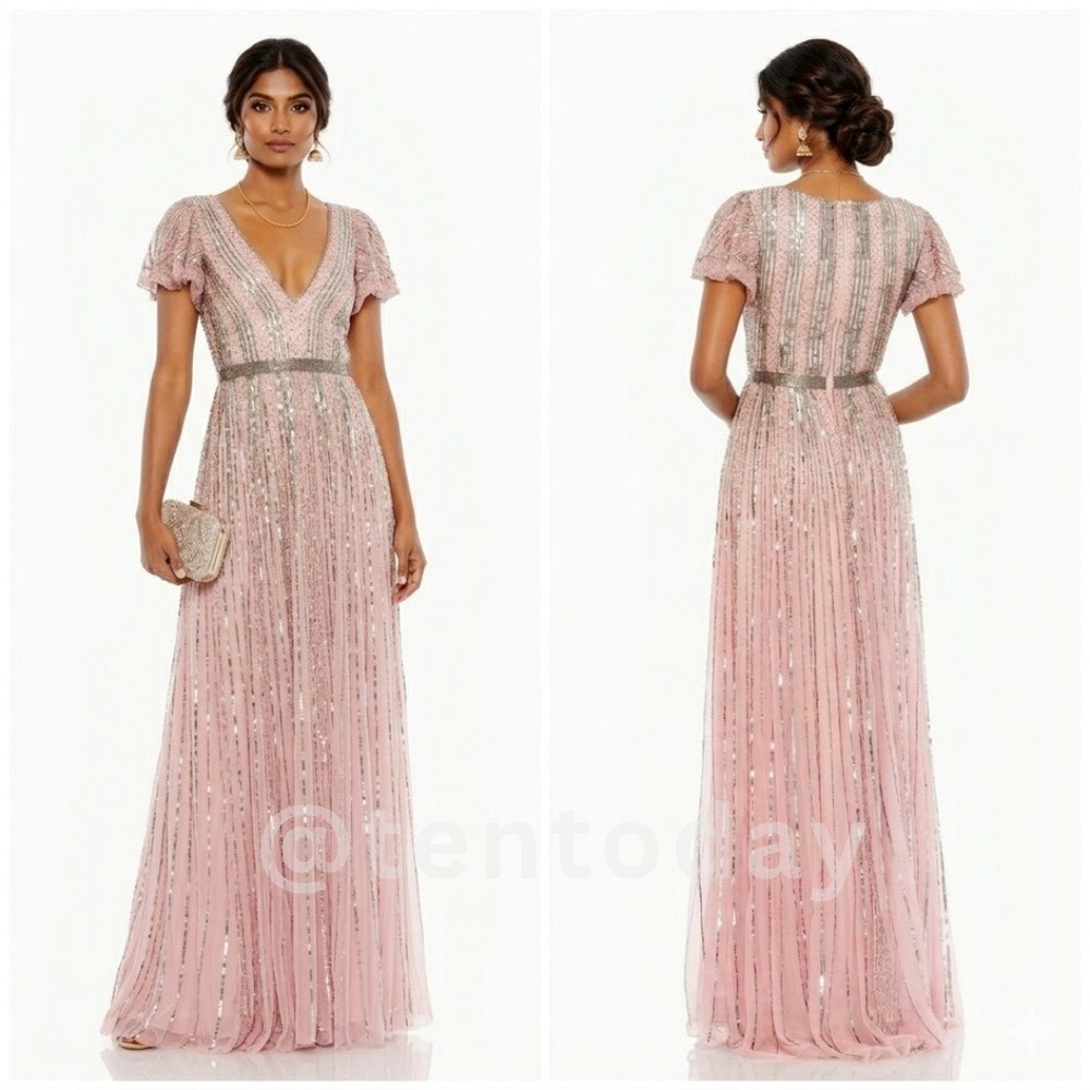 $698 Mac Duggal Size 6 Pink Silver Beaded Sequin V-Neck Long Maxi Dress Gown - Picture 3 of 4